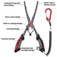 Fishing hook remover pliers with wire safety rope, spring cord, and hanging loop