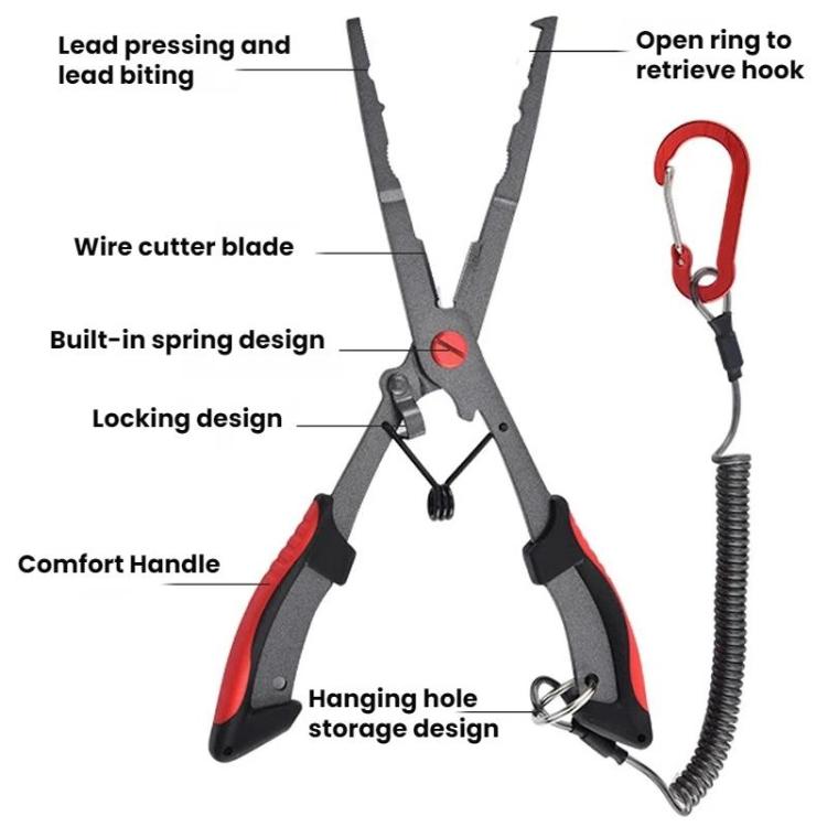 Fishing hook remover pliers with wire safety rope, spring cord, and hanging loop