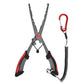 Fishing hook remover pliers with wire safety rope and open retrieval hook, red handle inserts