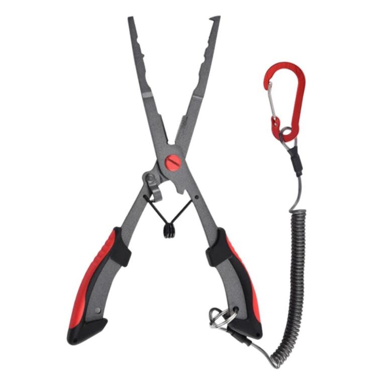 Fishing hook remover pliers with wire safety rope and open retrieval hook, red handle inserts
