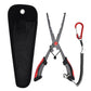 Fishing hook remover pliers with wire safety rope and black nylon storage bag
