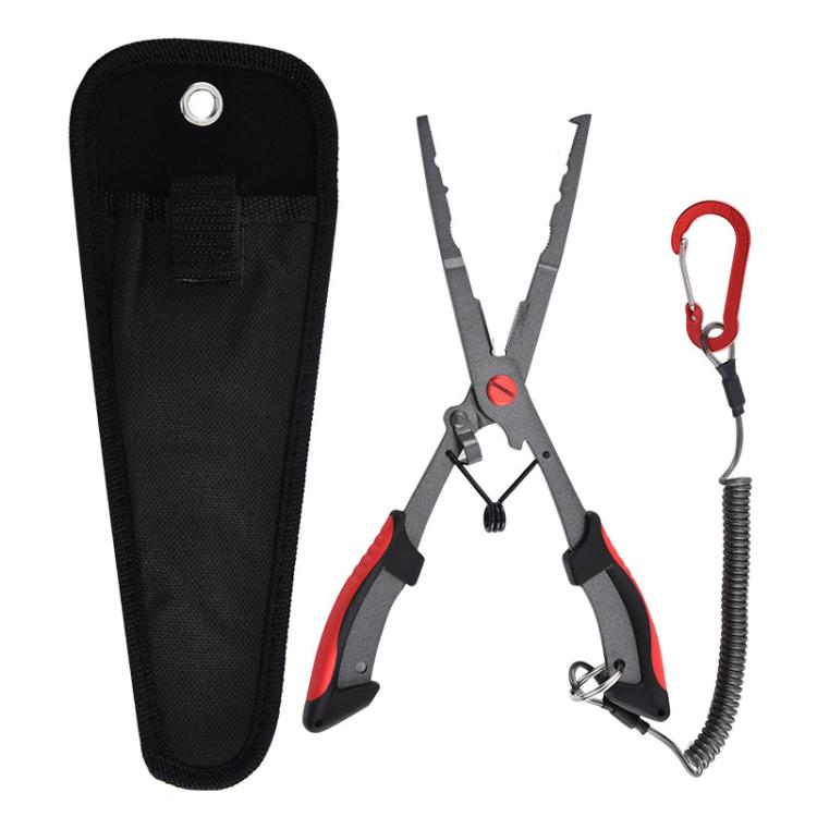 Fishing hook remover pliers with wire safety rope and black nylon storage bag