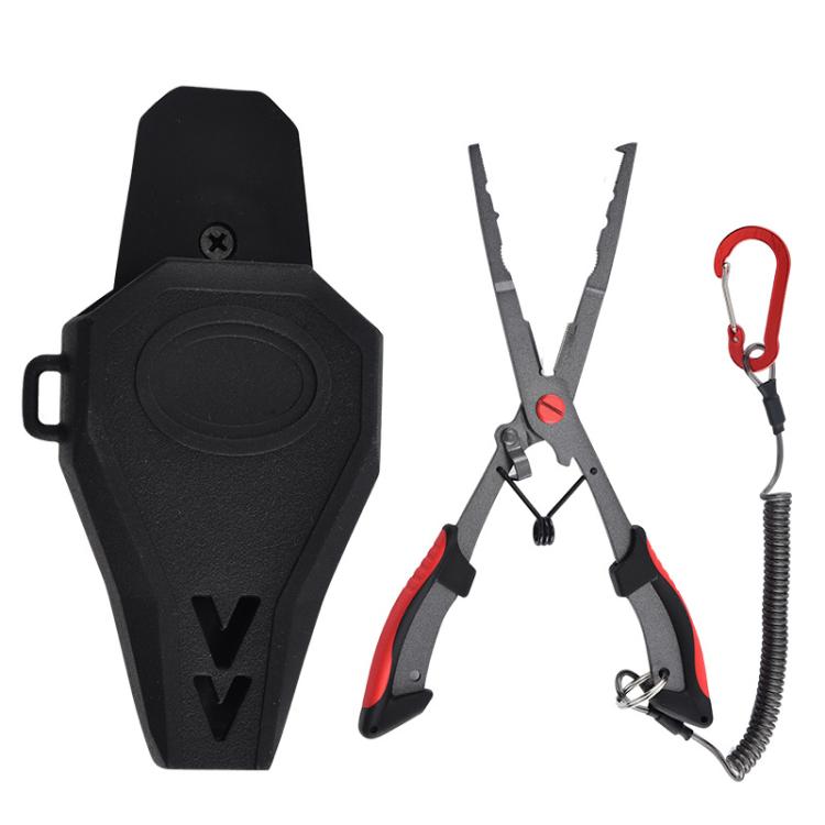 Fishing hook remover pliers with wire safety rope and black protective fish trap housing