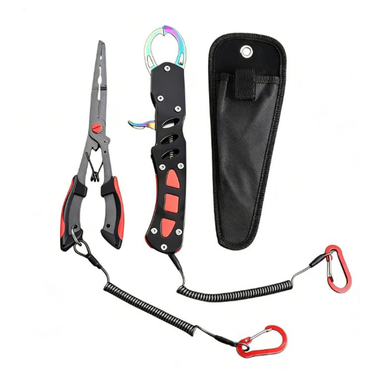 Fishing pliers set with wire safety rope, red carabiners, and black nylon tool pouch
