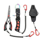 Fishing pliers set with wire safety rope, red carabiners, and large fish trap accessory