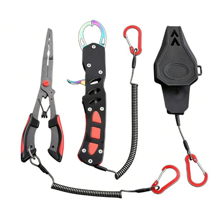 Fishing pliers set with wire safety rope, red carabiners, and large fish trap accessory