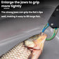 Fishing hook remover jaws gripping a fish by the lip, with safety ring attachment