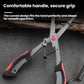 Fishing hook remover pliers with red comfort grips and spring safety cord, close-up