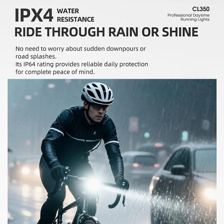 Weather-ready bike light with front LED lens and rugged black housing