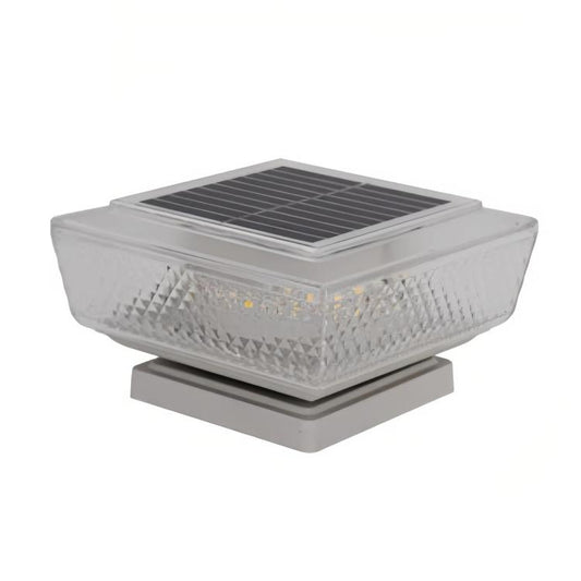 Square solar LED pillar light with clear textured diffuser and translucent top panel