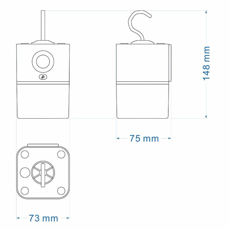 Hanging sensor night light with hook and circular button; side view with dimensions