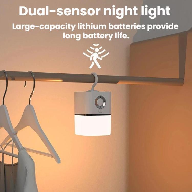 Hanging dual-sensor night light with white lamp body and circular control dial