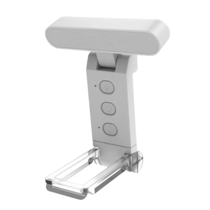 White USB rechargeable clip reading lamp with LED folding bookmark, three-button control.
