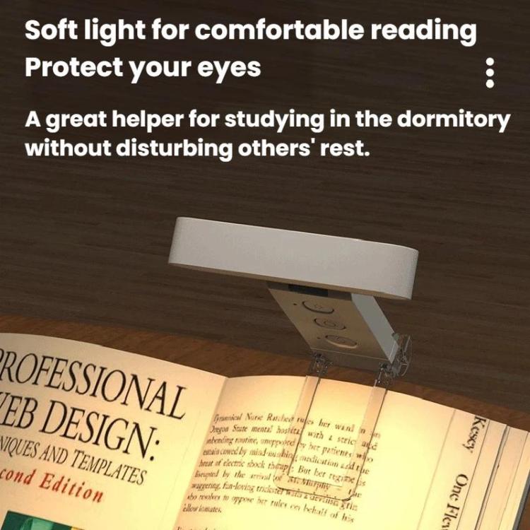 Clip reading lamp with LED folding bookmark shining over an open book, soft light.