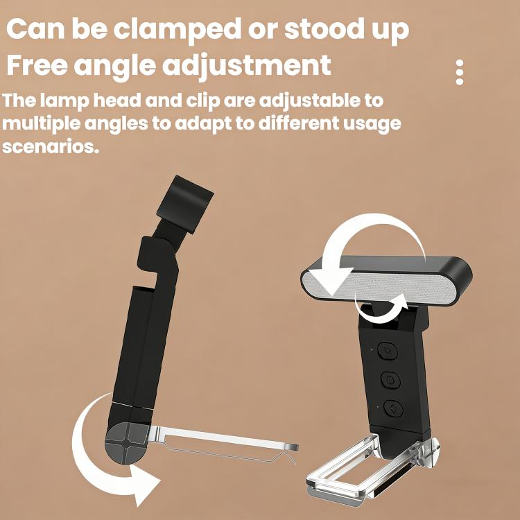 Clip reading lamp with folding bookmark showing adjustable angles and clamp base.