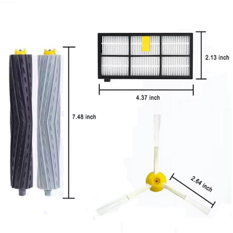 Replacement brush and filter set with dimensions: roller brushes, filter, side brush
