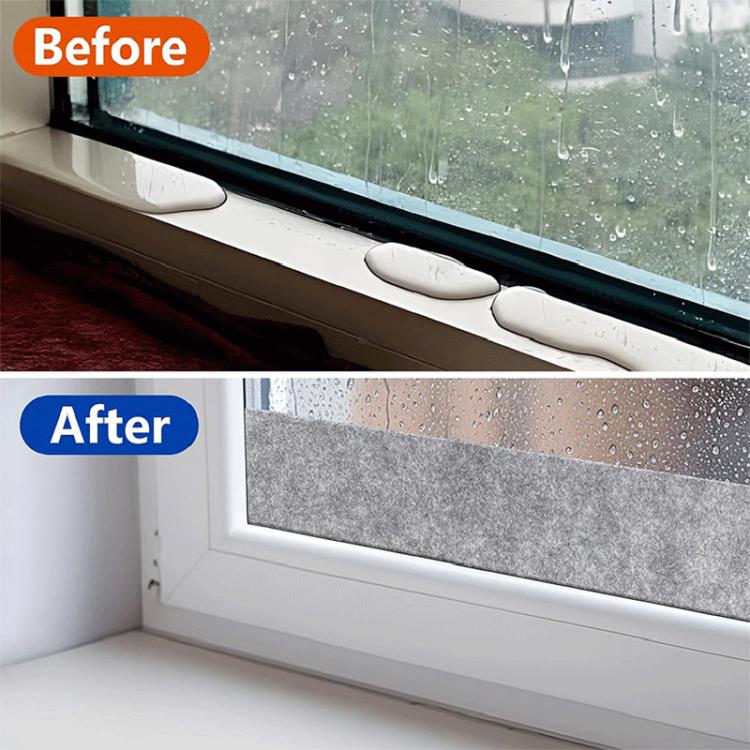 Gray felt anti-condensation strip across a window sill against condensation