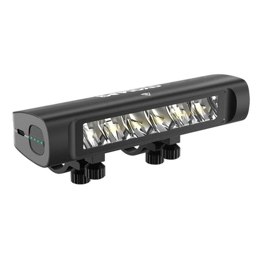 Rechargeable front bike light with black housing and bright rectangular LED lens
