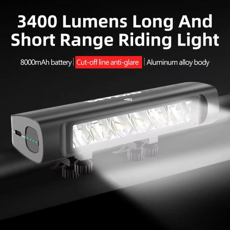 Rechargeable front bike light, dark gray body with illuminated long LED bar