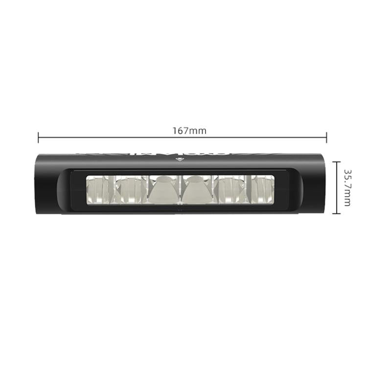 Front bike light size view with black housing and rectangular LED lens, 167mm