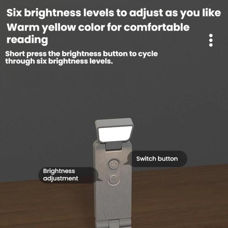 Light gray clip-on LED mini bookmark lamp with brightness buttons