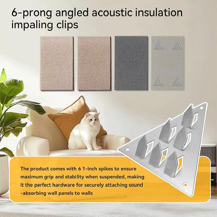 Triangle acoustic panel mounting clamp with 6 angled spikes for insulation installation
