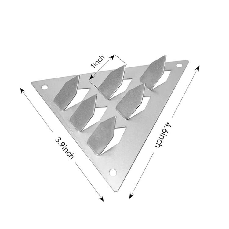 Triangle acoustic panel clamp base with 6 spikes and size markings, silver metal