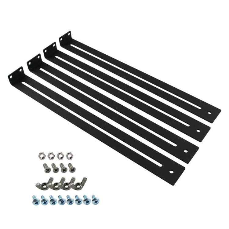 Two black drawer reinforcement brackets with screws, nuts, and washers