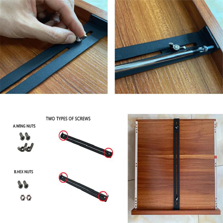 Black reinforcement rail being installed on a wooden drawer with mounting screws