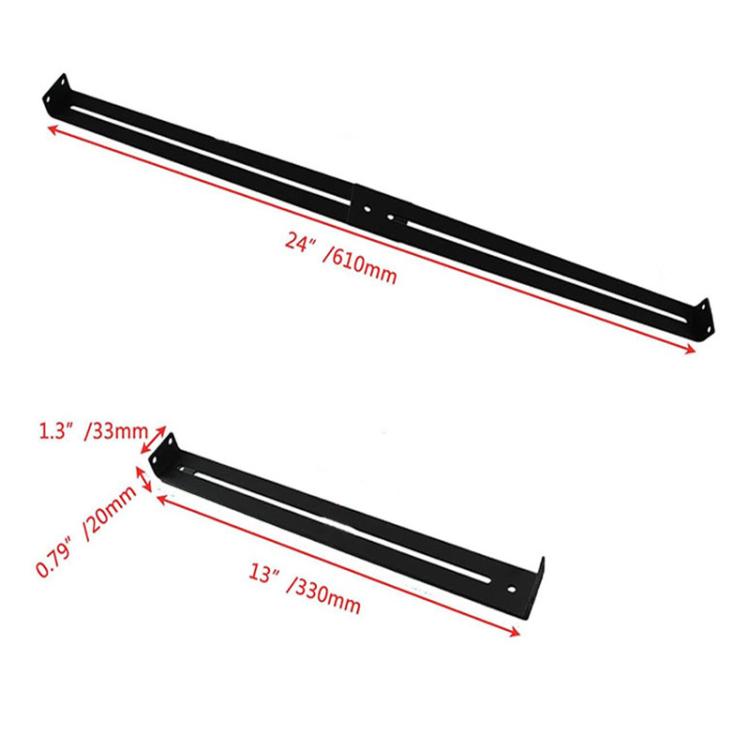 Black drawer reinforcement brackets with size measurements for 13 in and 24 in rails
