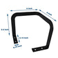 Black metal bed corner retainer bracket with screw holes and size diagram