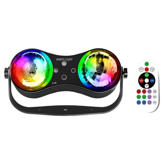 Double magic ball LED stage light with two glowing lenses and included remote control