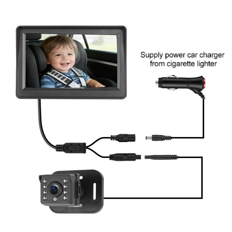 4.3-inch car monitor with camera, cables, and car charger adapter for power