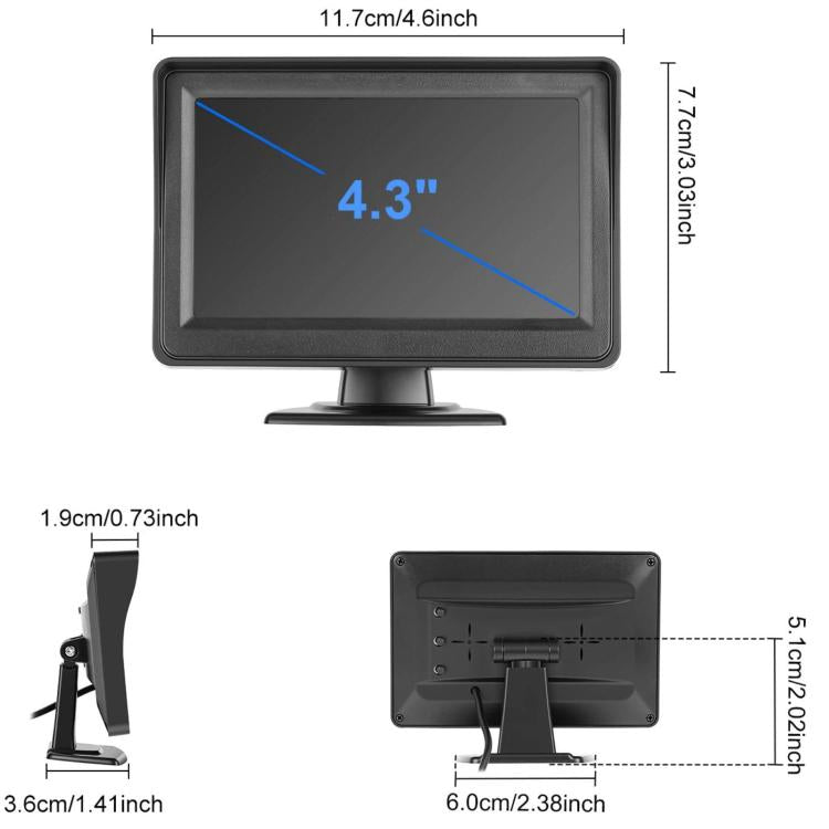 4.3-inch car monitor size diagram with display and stand dimensions