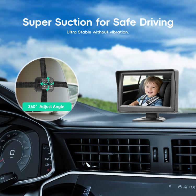 Car rear seat monitor with adjustable angle display showing a baby in car seat