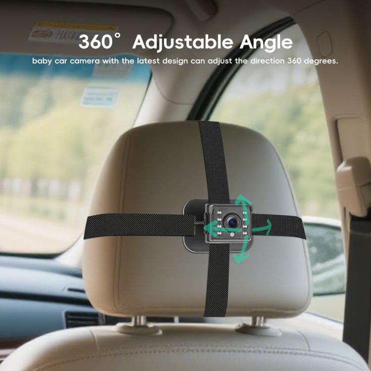 Rear-seat baby camera module mounted on headrest strap, with visible lens