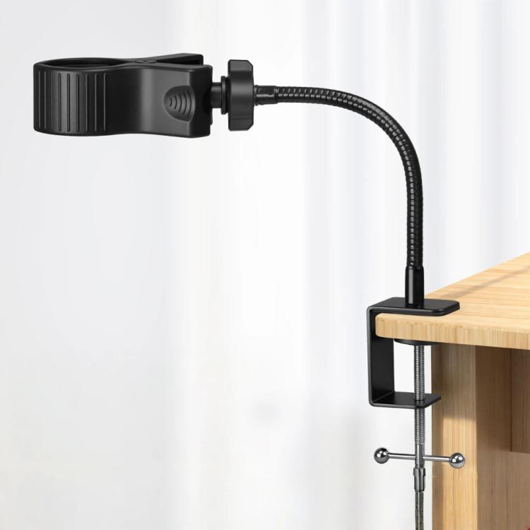 Flexible desk clamp holder with black gooseneck and adjustable clip for tabletop