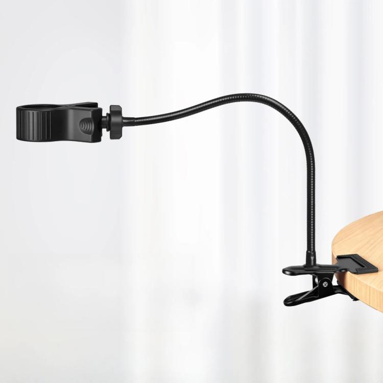 Flexible desk clamp holder with long black gooseneck and tabletop device clip