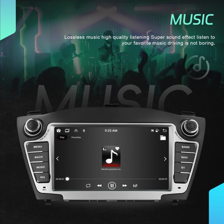 7-inch car central control screen showing music player interface with dash buttons