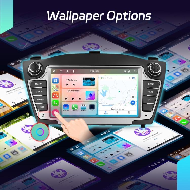 Car head unit with touchscreen map and colorful wallpaper app icons