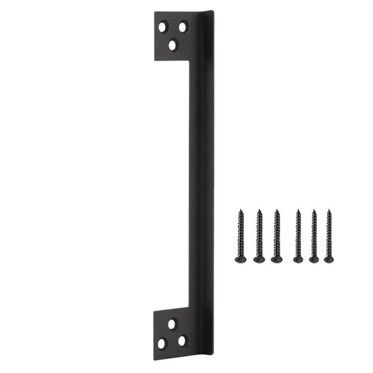 Black L-shaped door latch protector cover with mounting holes and screws included