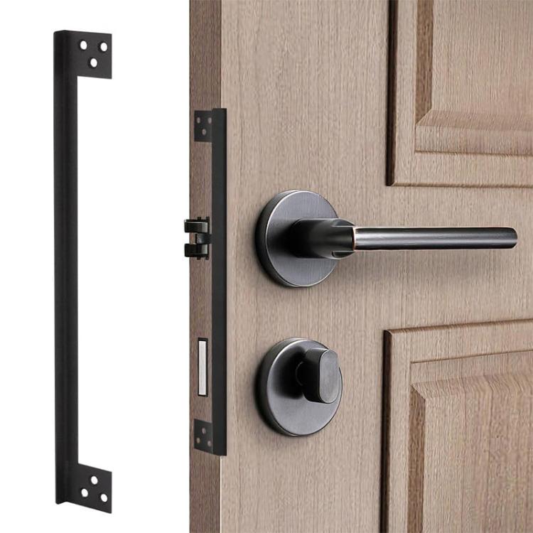Black L-shaped latch protector cover mounted beside door lock and handle