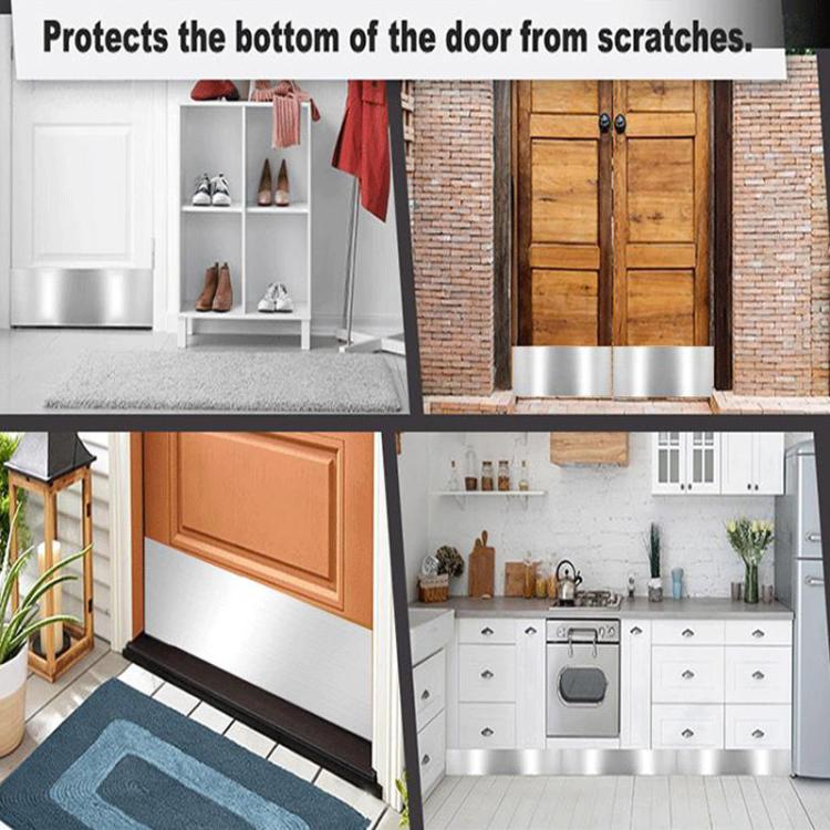 Metal door kick plate protector panels showing bottom door protection in multiple door styles