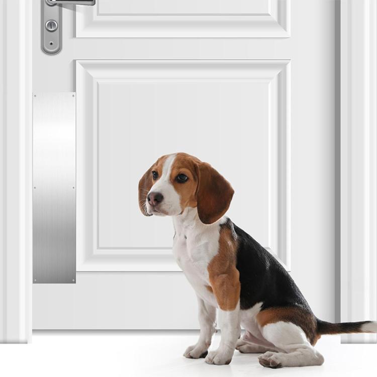 Metal door kick plate protector strip mounted at the bottom of a white door