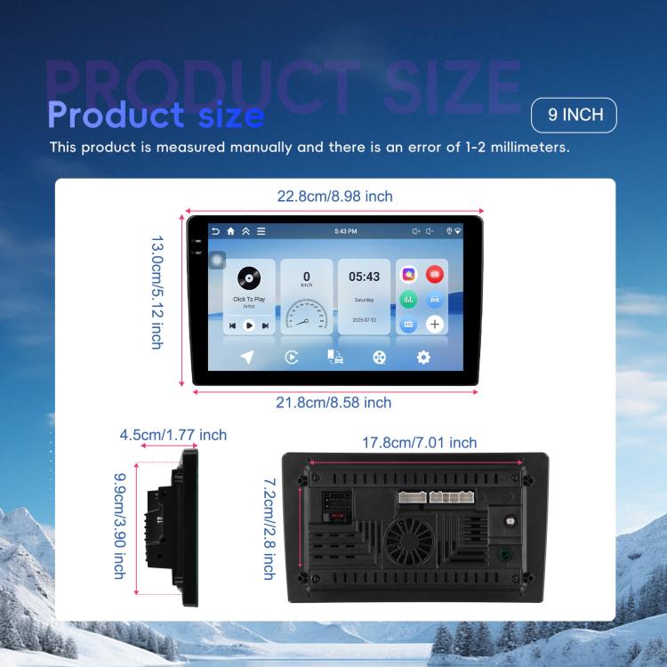Car Android central control screen kit with 9-inch display size diagram and dimensions
