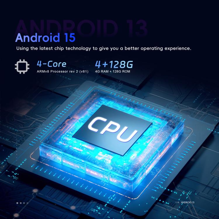 Android car CPU display screen with blue-lit processor graphic on dark panel