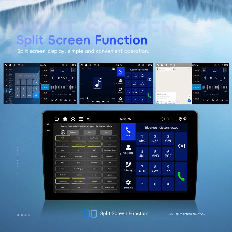 Android car stereo split-screen display with call, music, and home screens