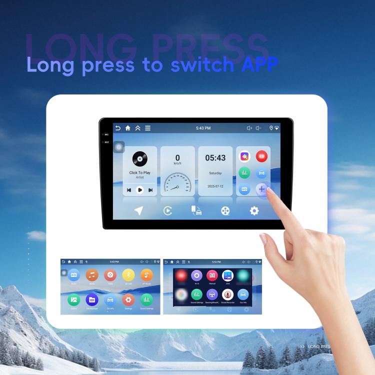 Android car touchscreen with app menu icons and a finger tapping the screen