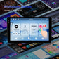 Android car head unit with home screen icons and a finger selecting an app