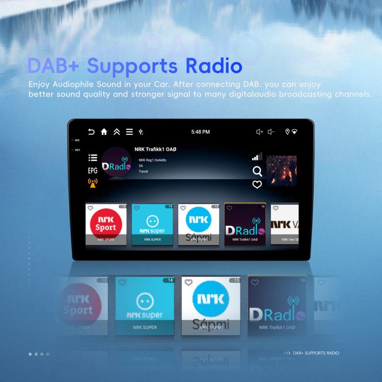 Android car radio touchscreen showing DAB+ station tiles on dark display